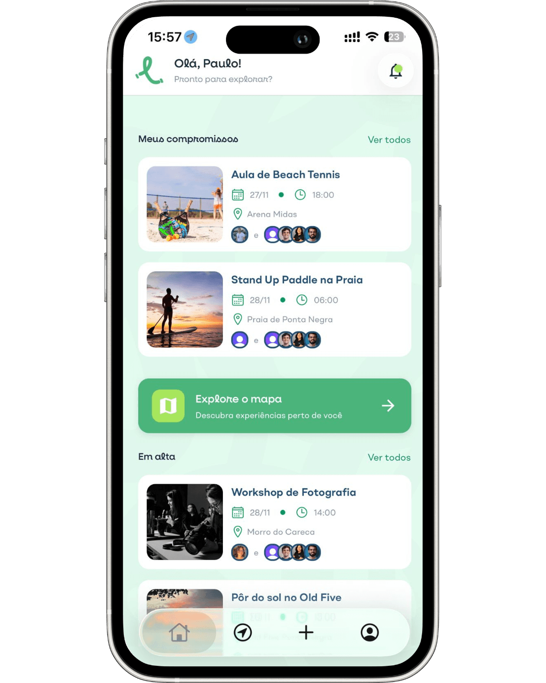 Home screen showing story feed
